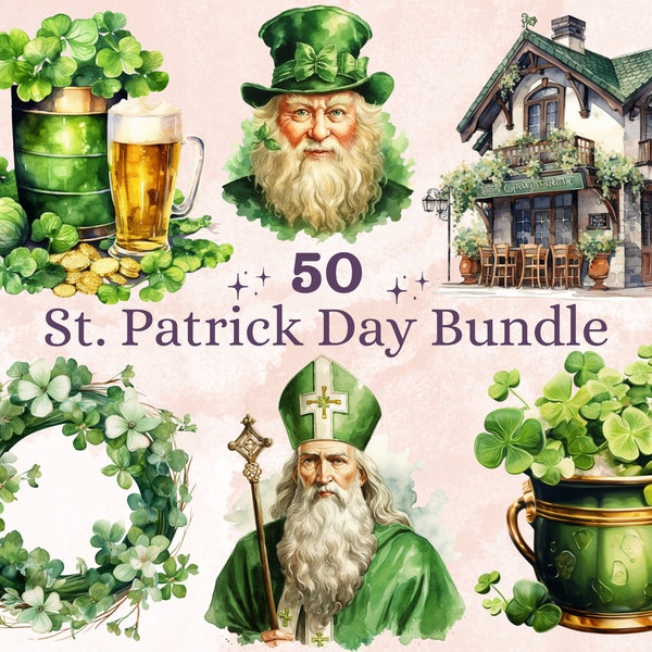 50 PNG Watercolor St.Patrick’s Day Clipart, Four Leaf Clover Illustrations Clip art, Irish Green Shamrock Ephemera, Beer Time Sublimation
