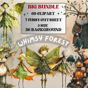 Whimsy Forest Collage Elements Kit, Whimsical Surreal Woodland Fussy Cut, Quirky Weird Fairy Clipart, Green Junk Journal, Clipart Background