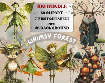 Whimsy Forest Collage Elements Kit, Whimsical Surreal Woodland Fussy Cut, Quirky Weird Fairy Clipart, Green Junk Journal, Clipart Background