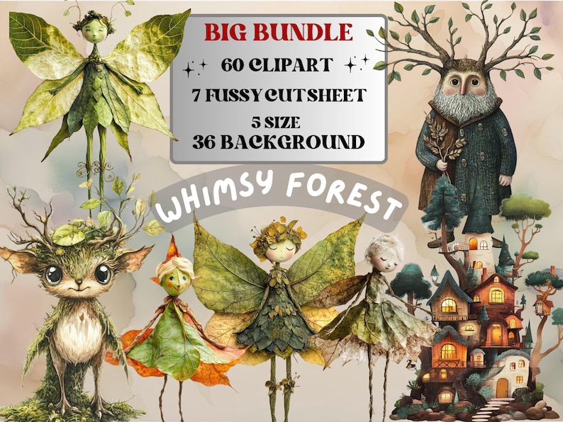 Whimsy Forest Collage Elements Kit, Whimsical Surreal Woodland Fussy Cut, Quirky Weird People Clipart, Junk Journal, Clipart Background