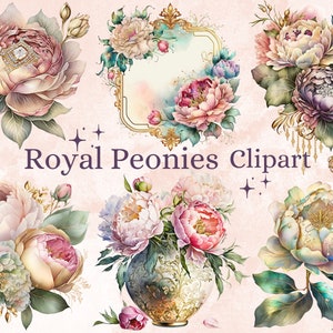 25 PNG aquarel Royal Peonies Clipart, Jeweled Peony Flowers Clip Art Bundle, Floral Peony png, Metallic Peonies set, Royal Flowers png