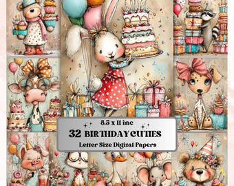 Birthday Cuties Digital Paper Pack | Quirky Whimsical Junk Journal Scrapbook (32 Sheets Letter Size)