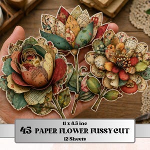 Op de afbeelding: Drie papieren bloemuitsparingen in tinten rood, geel, groen en bruin, vastgehouden in een hand. De bloemen zijn gemaakt van papier met een vintage boekpagina-ontwerp. De afbeelding bevat tekst die luidt "45 Paper Flower Fussy Cut" en "11 x 8.5 inc" (27,94 x 21,59 cm).