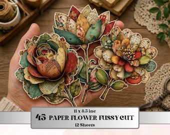 Whimsical Paper Flowers Fussy Cut Bundle, 45 Floral Cutouts, Botanical Ephemera Junk Journal Scrapbook Sheets