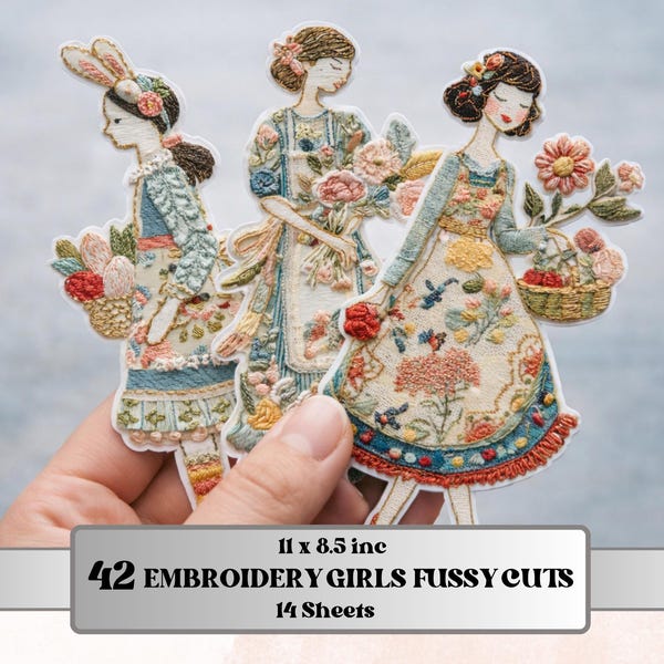 Paquete de bordado caprichoso Spring Girl con recortes precisos, 42 recortes florales para niñas, hojas de diario de estilo cottagecore con efímeros.