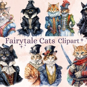38 PNG Aquarel Fairytale Cats Clipart Bundel, Fairy tale Animal Clip Art, Vintage Fairy tale Kitten PNG, Fantasy Black Cats PNG Clip art