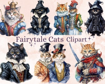 38 PNG Watercolor Fairytale Cats Clipart Bundle, Fairy tale Animal Clip Art, Vintage Fairy tale Kitten PNG, Fantasy Black Cats PNG Clip art
