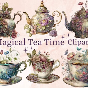 22 PNG aquarela Tea Time Clipart, Tea Clip Art, Vintage Teacup Flowers Clipart, Conjunto de ilustrações para camisetas, Pacote de festa de chá, Antique Tea Time