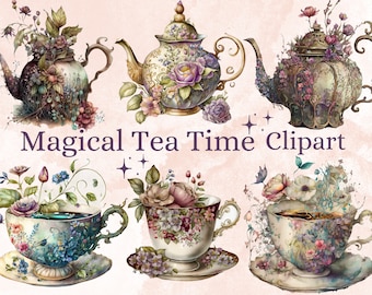 22 PNG Watercolor Tea Time Clipart, Tea Clip Art, Vintage Teacup Flowers Clipart, Tee-Illustration Set, Tea Party Bundle, Antique Tea Time