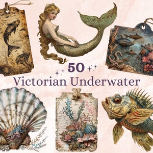 50 PNG Aquarell viktorianischen unter dem Meer Clipart, Ocean Tag Label Clip Art, Meerestiere png, Sealife Sublimation, Unterwasser Junk Journal