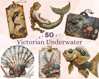 50 PNG Watercolor Victorian Under the Sea Clipart, Ocean Tag Label Clip art, Sea Animal png, Sealife Sublimation, Underwater Junk Journal