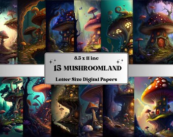 Printable Fantasy Mushroomland Digital Paper, Magical Mushroom background, AI digital art, Fantasy Digital Paper Set, Magical Mystery Card