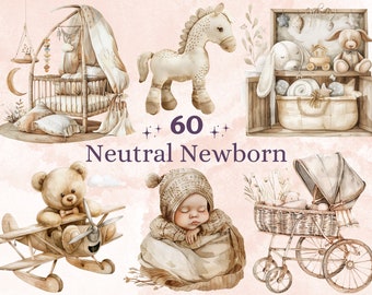 60 PNG Watercolor Neutral Newborn Clipart, Beige Baby Shower Illustration Clip art, Cute Boho Nursery png, Gender Reveal Party Sublimation