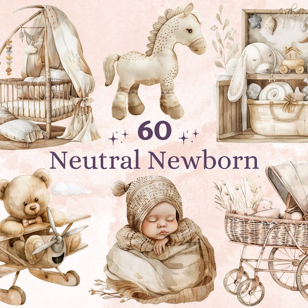 60 PNG Watercolor Neutral Newborn Clipart, Beige Baby Shower Illustration Clip art, Cute Boho Nursery png, Gender Reveal Party Sublimation