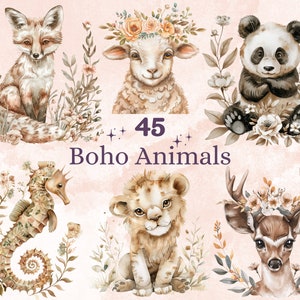 45 PNG Watercolor Boho Animals Clipart, Boho Jungle Baby Shower Illustration Clip art, Neutral Newborn png, Woodland Baby Animal Sublimation