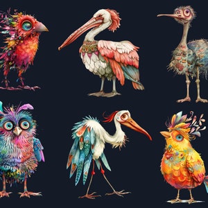 45 PNG Watercolor Quirky Birds Clipart, Whimsical Crazy Birds Illustrations Clip art, Funny Cartoon Bird Emotions png, Quirky Sublimation