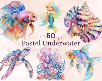 50 PNG Acquerello Pastello Sotto il Mare Clipart, Carino Ocean Nursery Clip art, Collezione di animali marini png, Sublimazione della vita marina, Set sottomarino