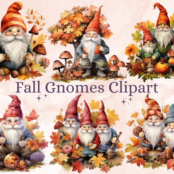 30 PNG Watercolor Fall Gnomes Clipart, Rustic Autumn Garden Gnome Illustrations Clip art, Autumn Gardening png, Cute Fall Dwarf Sublimation