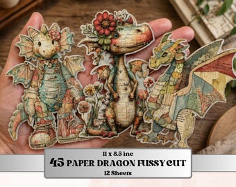 Whimsical Paper Dragons Fussy Cut Bundle, 45 Cute Dragon Cutouts, Fantasy Ephemera Junk Journal Scrapbook Sheets