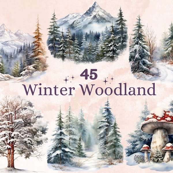 45 PNG Aquarell Winter Wald Clipart, verschneite Winterwald Illustrationen Clip Art, Winterwunderland Png, Winterlandschaft Sublimation