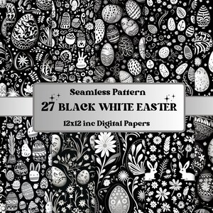 Papel digital de Pascua blanco negro sin costuras, patrón sin costuras de doodle de Pascua, fondo en blanco y negro, patrón de huevos de Pascua, papel de álbum de recortes blanco negro
