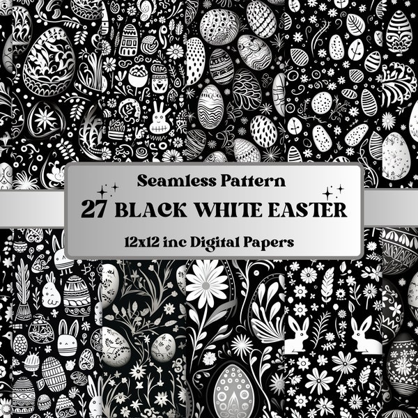 Seamless Black White Easter Digital Paper, Easter Doodle Seamless Pattern, B&W Background, Easter Eggs Pattern, Black White Scrapbook Paper