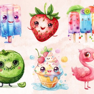 40 PNG Watercolor Cute Kawaii Summer Clipart, Tropical Summer Animals ...
