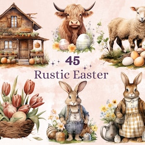 45 PNG aquarel rustieke paasbundel clipart, land paasei illustraties illustraties, paashaas sublimatie, boerderij leven ephemera