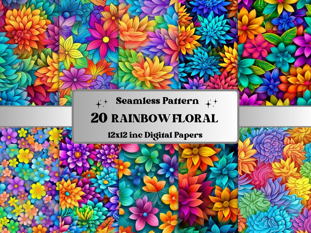 Seamless Rainbow Flowers Digital Paper, Colorful Floral Seamless ...