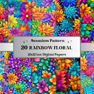 Nahtlose Regenbogen Blumen Digitales Papier, Buntes Blumen Nahtloses Muster, Florale Collage Papier Pack, Regenbogen Texturen, Floral Junk Journal