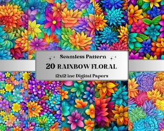 Op de afbeelding: Een set van 20 digitale papieren met kleurrijke, regenboogkleurige bloemenpatronen. Elk papier is 30,5 cm bij 30,5 cm.