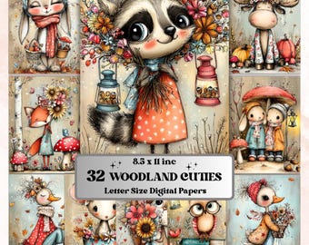Woodland Cuties Digital Paper Set | Quirky Forest Animals Whimsical Junk Journal Scrapbook Printable, 32 Sheets Letter Size Instant Download