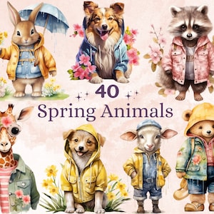 40 PNG aquarel lente dieren clipart, bloemen lente bos illustraties illustraties, dieren met bloemen PNG, schattige bos sublimatie