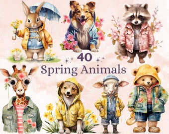 40 PNG Akwarela Wiosna Zwierzęta Clipart, Kwiatowy Wiosna Las Ilustracje Clipart, Zwierzęta z Kwiatami Png, Uroczy Las Sublimacja