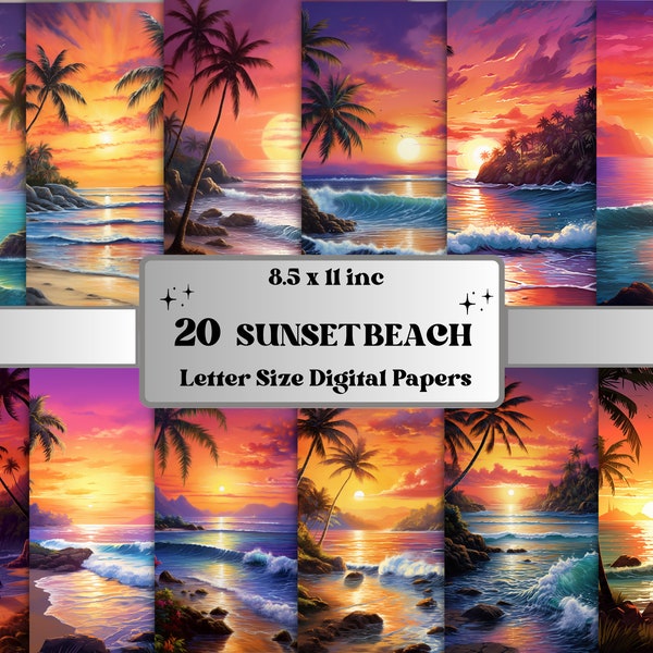 Printable Sunset Beach Digital Paper, Summer Beach Sunset Background, Ocean Palm Landscape Backdrop, Download Junk Journal, Scrapbooking