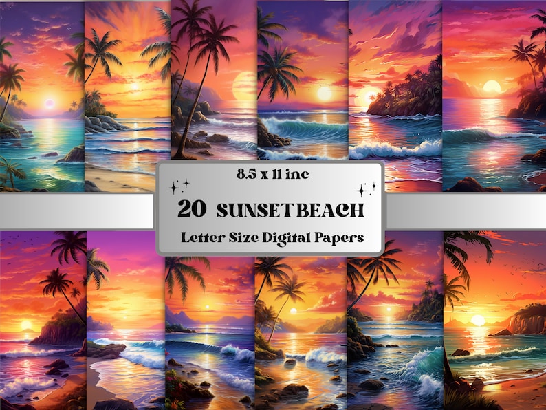 May include: A set of 20 digital papers displaying sunset beach scenes. Each image depicts a vivid sunset over the sea, with palm trees and colourful skies. The text on the image reads "8.5 x 11 inch" and "20 SUNSET BEACH Letter Size Digital Papers."
