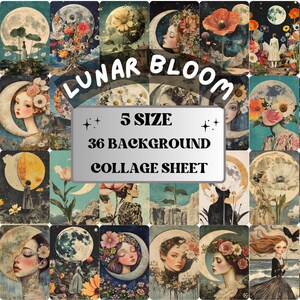 Whimsy Lunar Bloom Collage Paper, Surreal Art Mixed Media Sheet, Whimsical Ephemera Images, Quirky Junk Journal, Floral Moon Scrapbook Paper