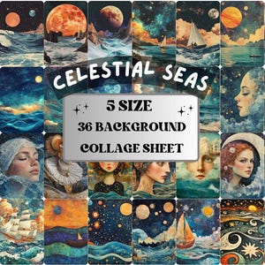Whimsy Celestial Seas Collage Paper, Vintage Surreal Mixed Media Sheet, Whimsical Sky Ephemera Image, Sea Junk Journal, Scrapbook Paper