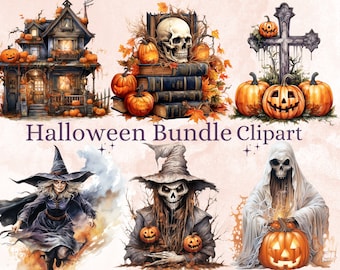 40 PNG Watercolour Halloween Bundle Clipart, Happy Halloween Illustrations Clip art, Cozy Fall Witchcraft png, Autumn Pumpkin Sublimation