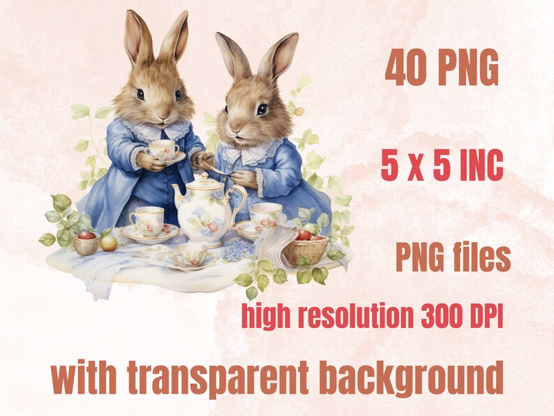 40 PNG Watercolor Easter Bunny Clipart, Floral Easter Rabbit Illustrations Clip art, Garden Farmer Bunny Sublimation, Rabbit Tea Party Png
