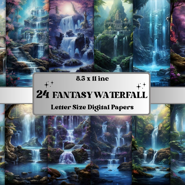 Printable Fantasy Waterfall Digital Paper, Mountain River Background, Magical Nature Landscape Backdrop, Download Junk Journal, Scrapbooking