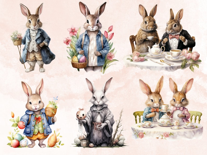 40 PNG Watercolor Easter Bunny Clipart, Floral Easter Rabbit Illustrations Clip art, Garden Farmer Bunny Sublimation, Rabbit Tea Party Png