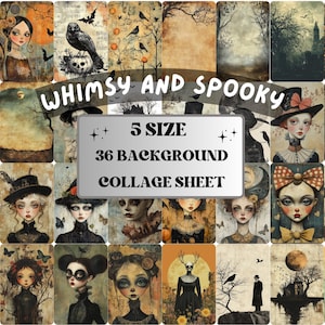 Whimsy Spooky Collage Paper, Quirky Halloween Mixed Media Sheet, Whimsical Ephemera Images, Quirky Junk Journal, Horror Scrapbook Paper