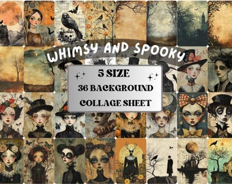 Whimsy Spooky Collage Paper, Quirky Halloween Mixed Media Sheet, Whimsical Ephemera Images, Quirky Junk Journal, Horror Scrapbook Paper