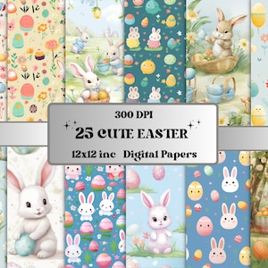 Papel digital de Pascua lindo imprimible, collage de efímeras de conejitos de guardería, páginas de huevos de Pascua Kawaii, diario basura de Pascua, álbumes de recortes, fabricación de tarjetas