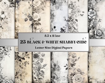 Black and White Shabby Chic Junk Journal Paper, Vintage Shabby Chic Ephemera Kit, Romantic Scrapbook Paper, Printable Floral Digital Pages