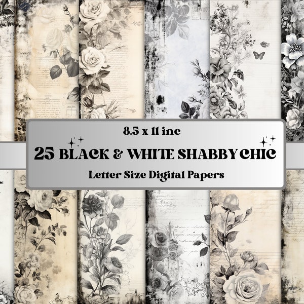 Papel de diario basura Shabby Chic en blanco y negro, kit de efímera vintage Shabby Chic, papel de álbum de recortes romántico, páginas digitales florales imprimibles