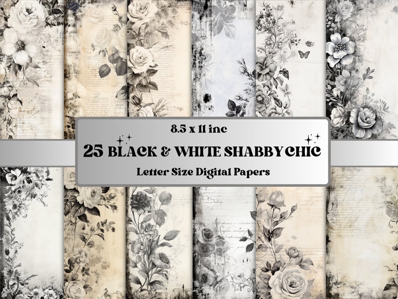 Black and White Shabby Chic Junk Journal Paper, Vintage Shabby Chic ...