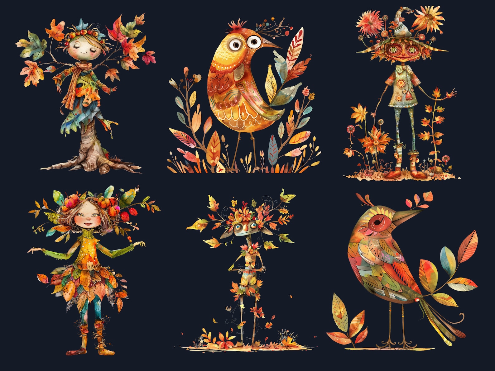 50 PNG Watercolor Quirky Autumn Bundle Clipart, Whimsical Fall Girl ...