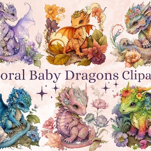 21 PNG aquarel Baby Dragons Clipart, Floral Baby Dragons Clip Art, Fantasy Baby Dragons, Cute Woodland Dragon Baby's, draken in bloemen